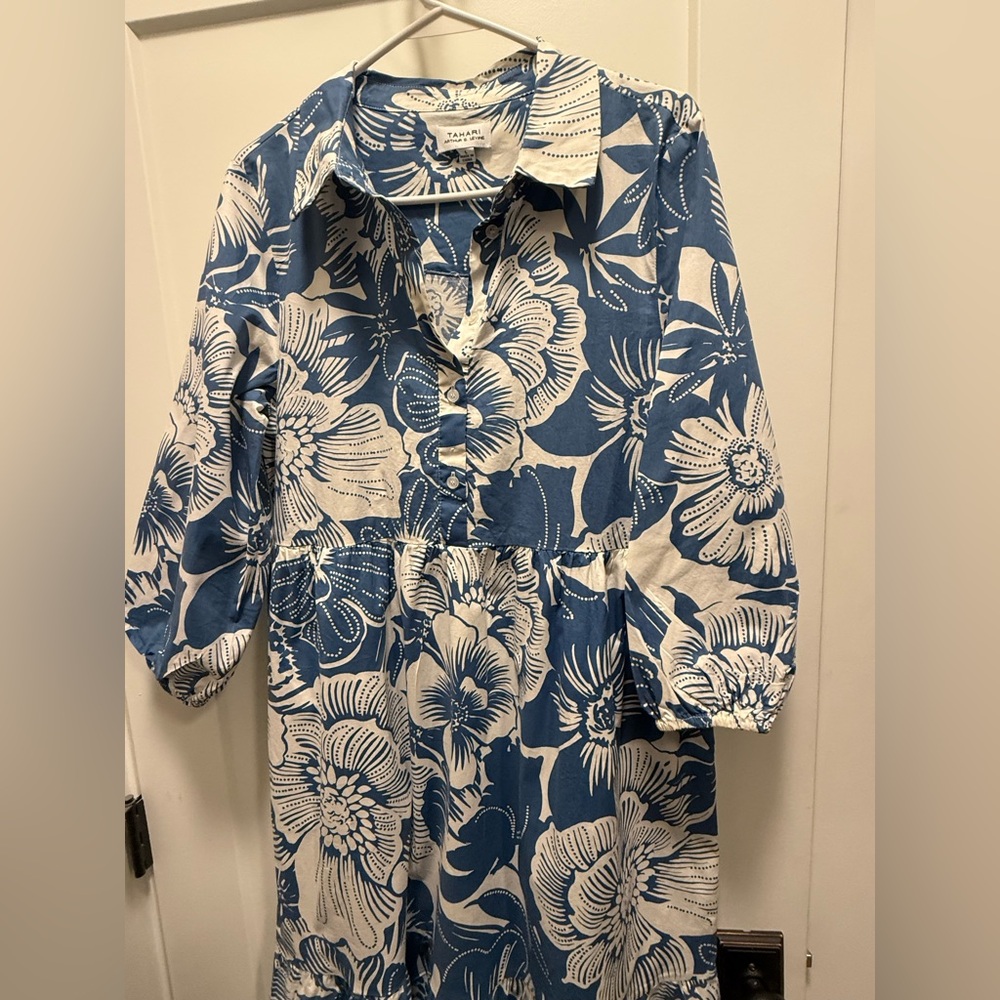 Tahari Blue and White Floral Maxi Dress